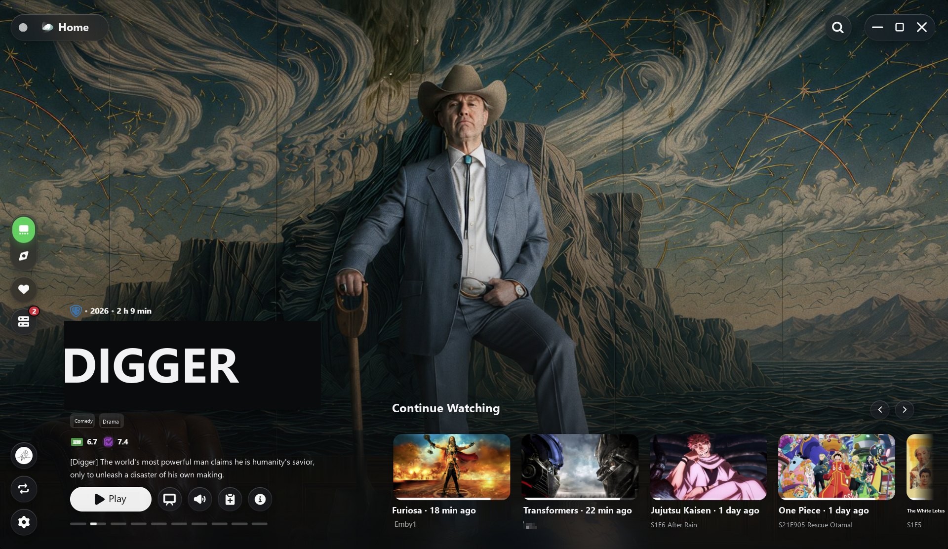 WWPlayer home with an immersive carousel and Continue Watching