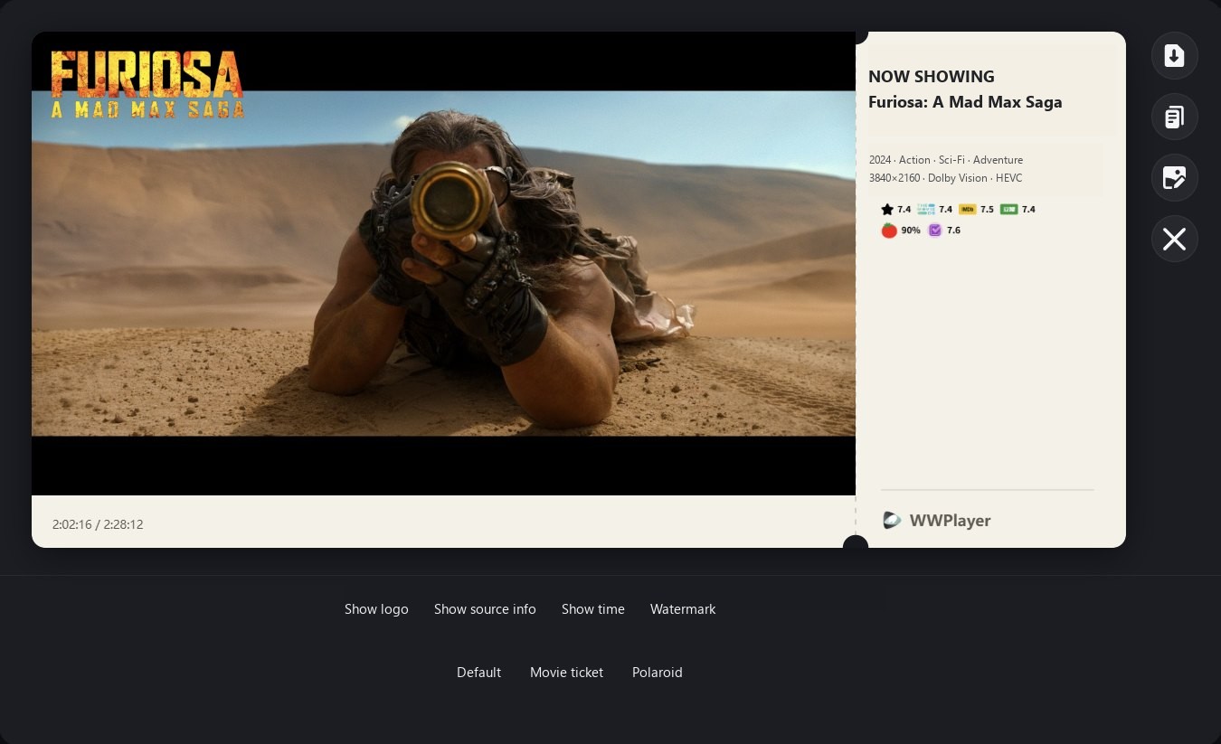 Screenshot editor with the movie ticket layout